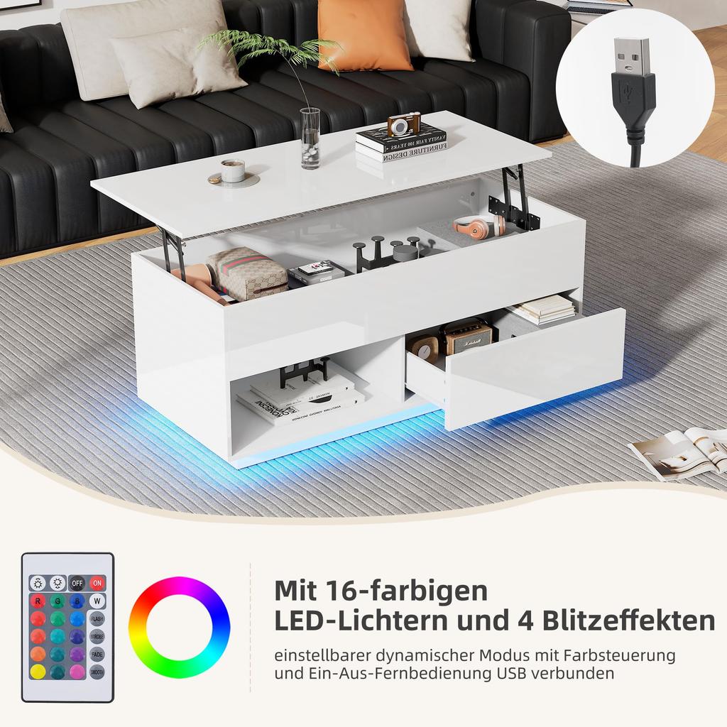 Couchtisch, Wohnzimmertisch Kaffeetisch Schubladen, offener versteckter Stauraum, Sofatisch aus Holz, Beistelltisch Wohnzimmer, Büro, Weiß