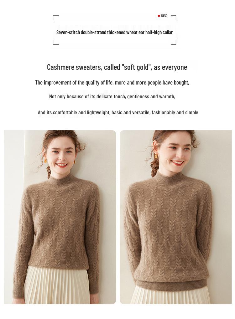 Women's Heavyweight Cashmere Cable Knit Top, Long Sleeve, Semi-High Neck, Loose, Warm Sweater for Autumn/Winter.