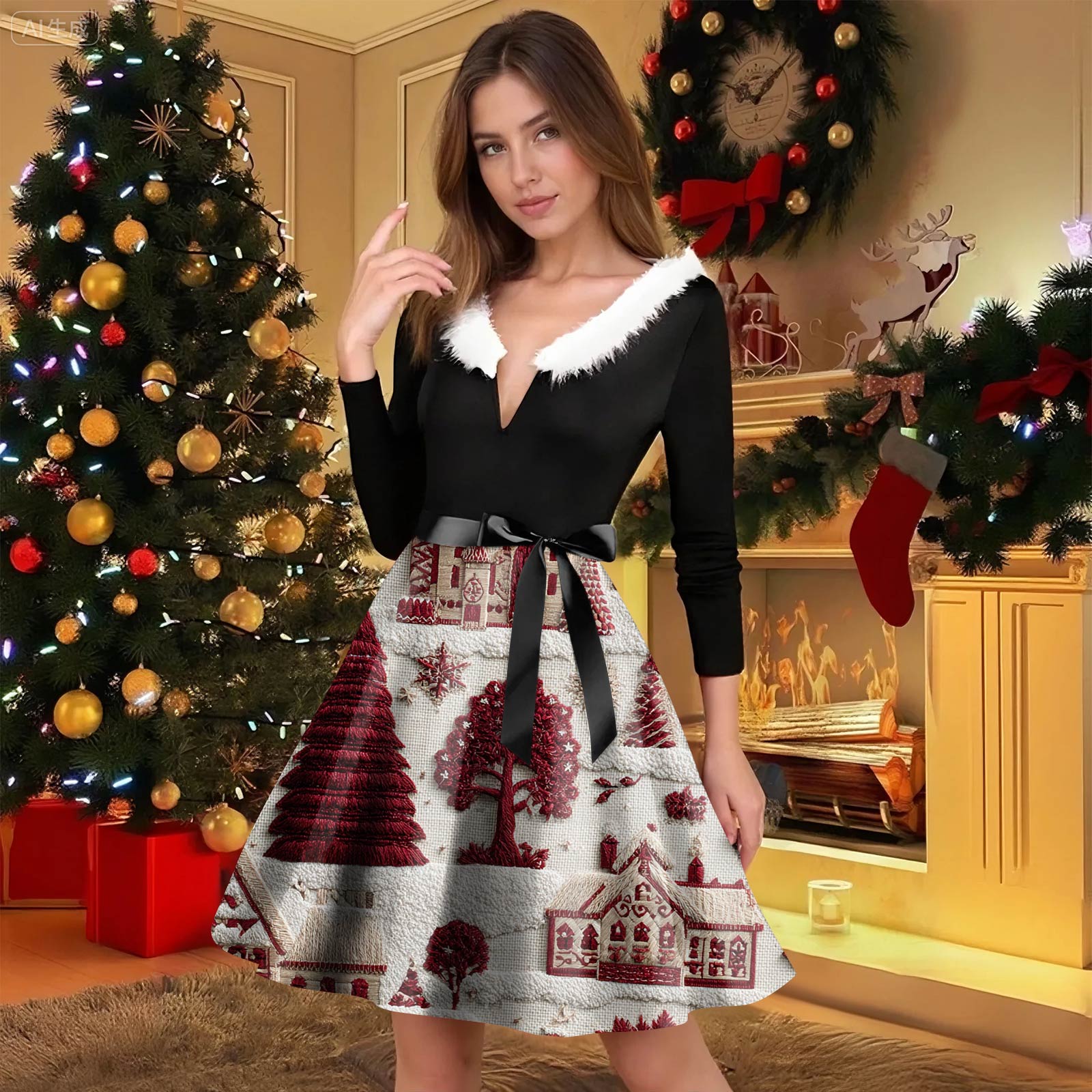 

Женская мода с круглым вырезом, повседневные тонкие рождественские платья с длинным рукавом и принтом XL арбуз красный