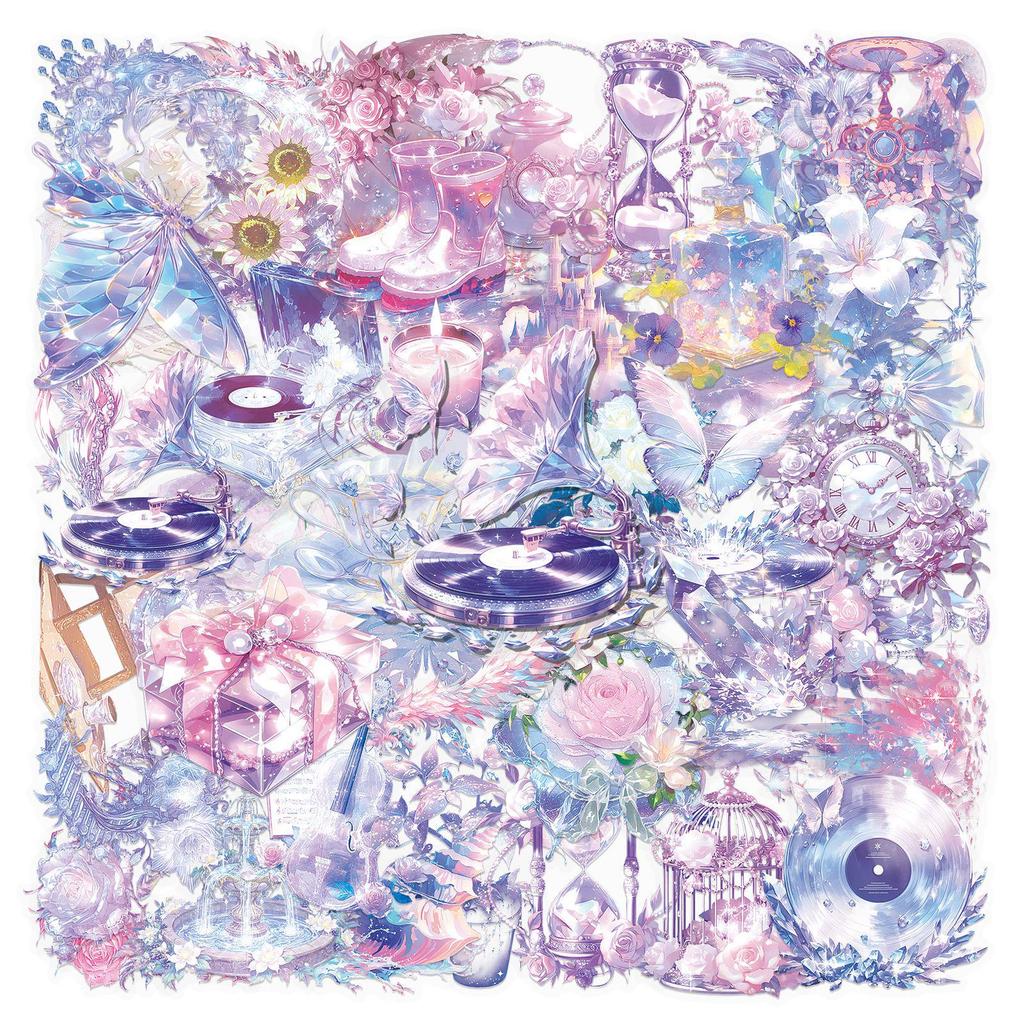 50 Marzycielskich Fioletowych Naklejek na Filiżanki do Herbaty: Wykwintne Przezroczyste Naklejki o Wysokiej Rozdzielczości do Dzienników DIY i Słodkiej Papeterii