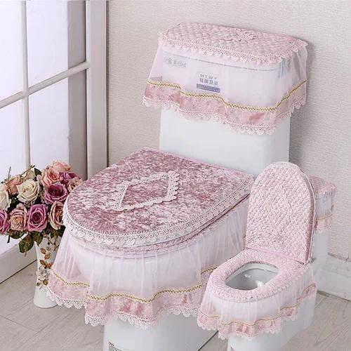 Μαξιλάρι τουαλέτας με δαντέλα Four Seasons Σετ καθίσματος τουαλέτας με εκτύπωση φανέλας τριών τεμαχίων με φερμουάρ σε σχήμα U Beauty κάλυμμα για τη σκόνη τουαλέτας