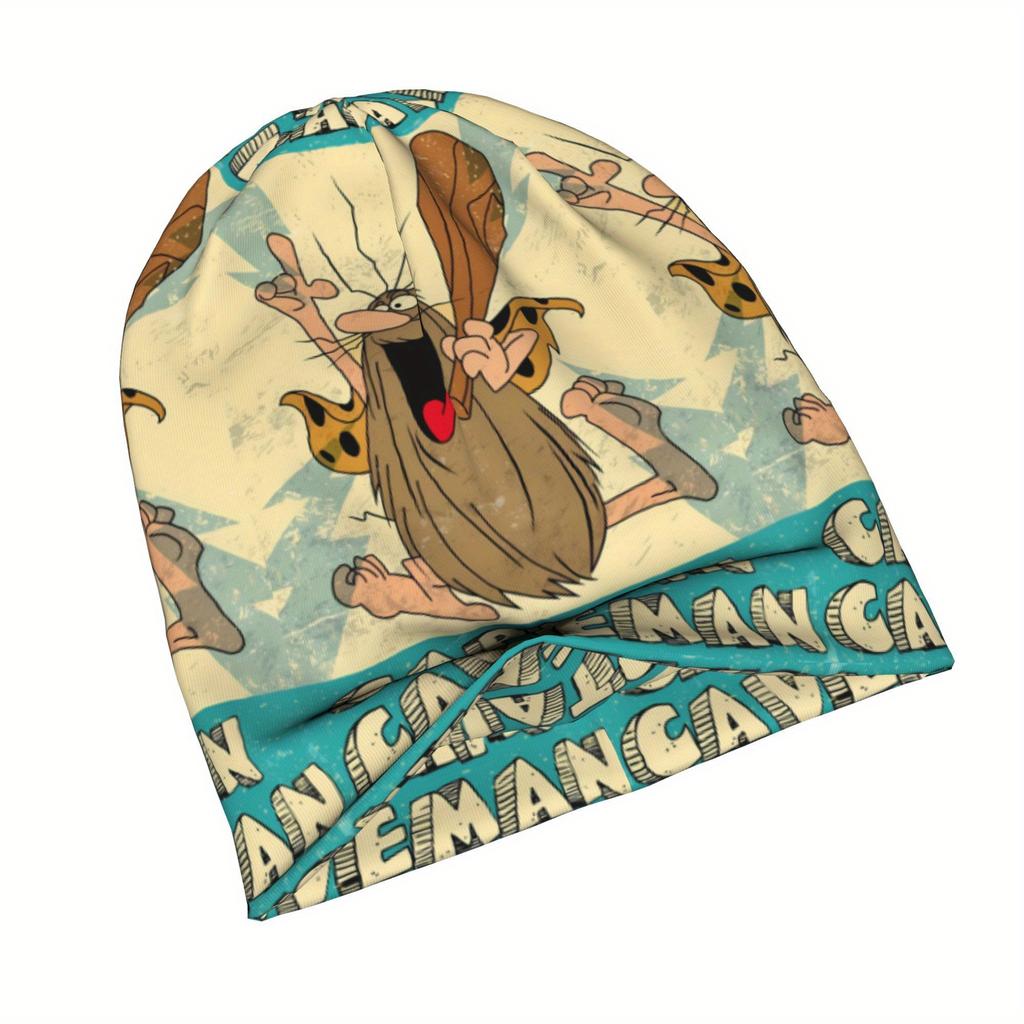 Biihudu Men'S Caveman Beanie Hat - Funny Captain Caveman Retro Comic Design, Beige/Teal/Blue Vintage Style Winter Skull Cap For