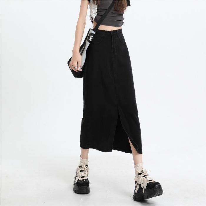 

Летние шелковые джинсы для женщин. Летняя новая черная юбка-миди с высокой талией и полуэластичной отделкой для женщин. XXL чёрный