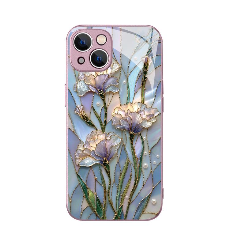 Artistic light luxury niche iris mobile phone case iPhone13 women's glass mobile phone case Apple 17pm