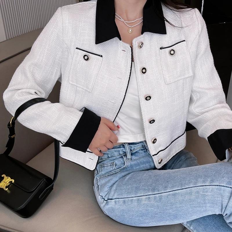 

Лоскутные куртки для женщин, осенне-зимняя винтажная новая куртка на пуговицах с отложным воротником, повседневная куртка с длинными рукавами S белый