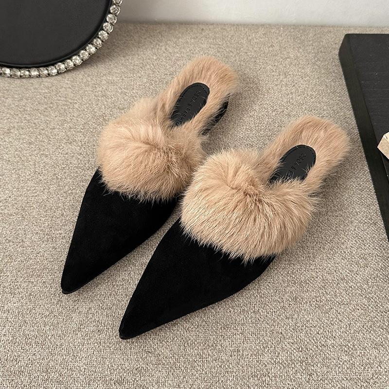 Pointed Half Slippers Women's 2025 Autumn and Winter New Bag Head Winter Fluffy Slippers Wear Low Heel Cotton Slippers