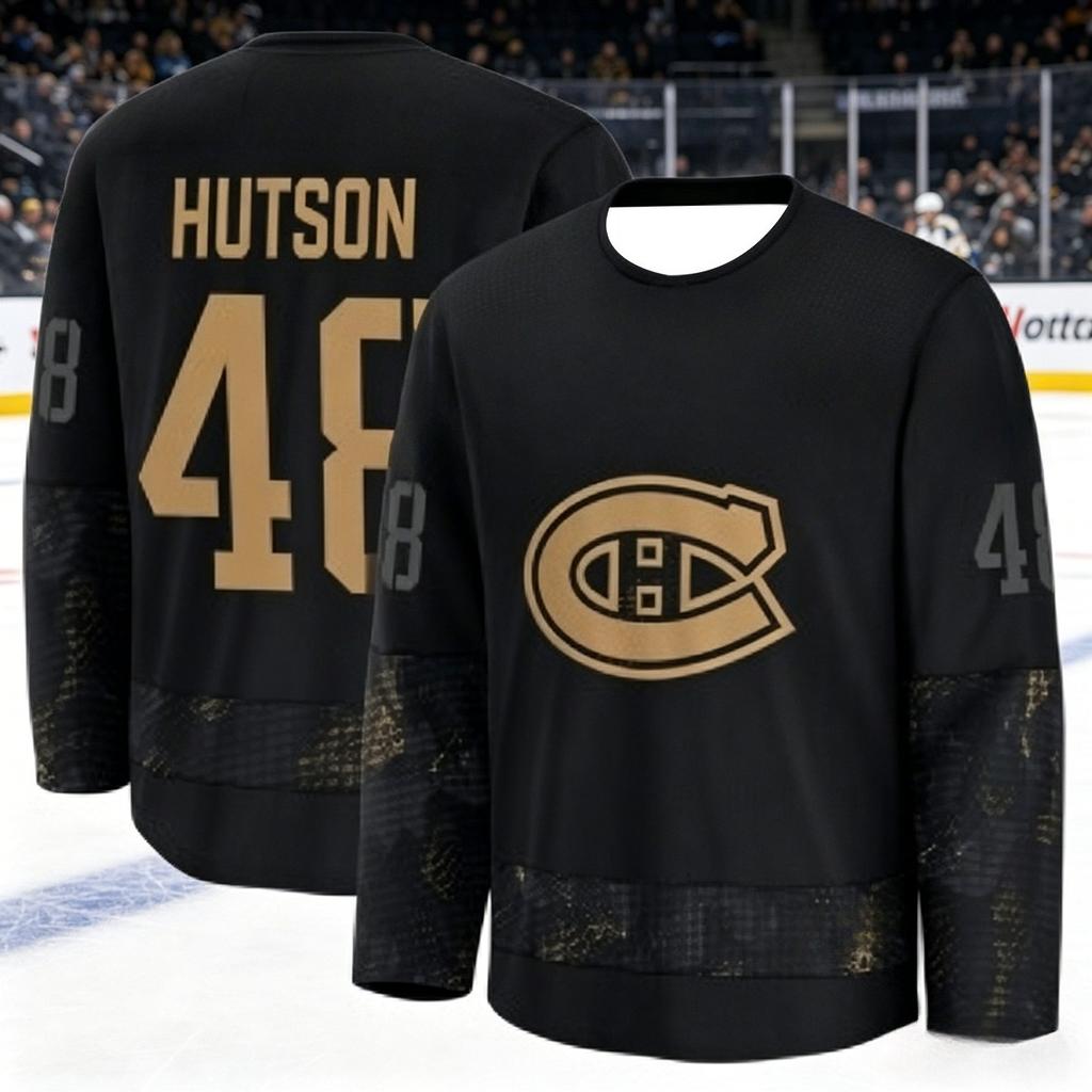 Tuta da Allenamento per Hockey su Ghiaccio Maschile Canadese - Traspirante, Asciugatura Rapida Versione Nera e Oro Manica Lunga Top Famiglia