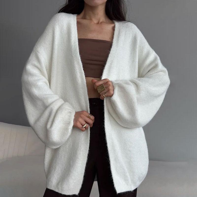 

Осенне-зимний женский флисовый кардиган, свободный повседневный свитер-пальто однотонного цвета с V-образным вырезом, вязаный кардиган-топ One size белый