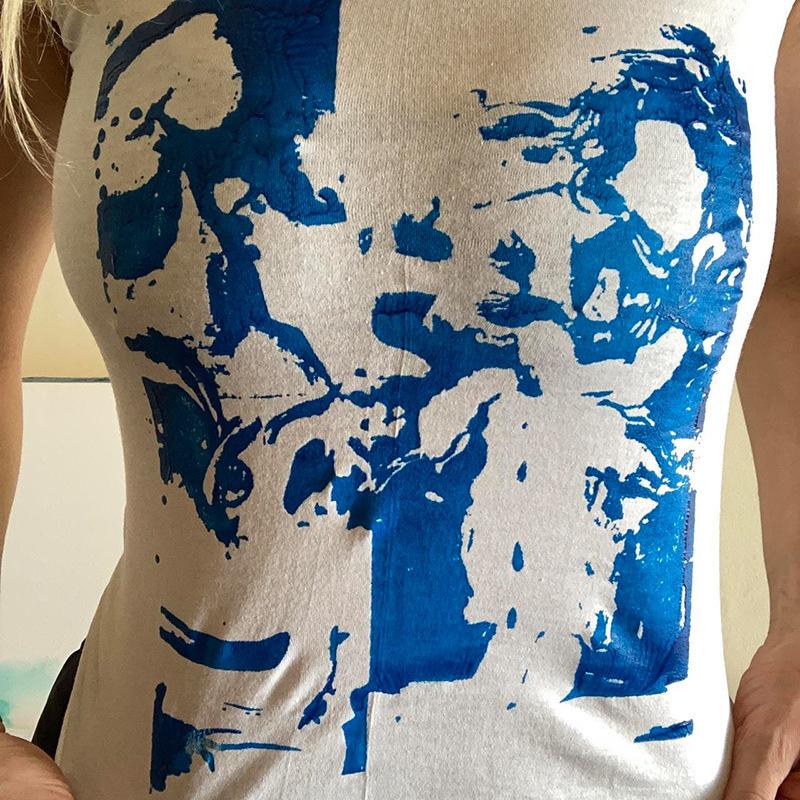 Summer European and American Spicy Girl Style Street Exposed Navel Abstract Print INS Round Neck Basic Vest