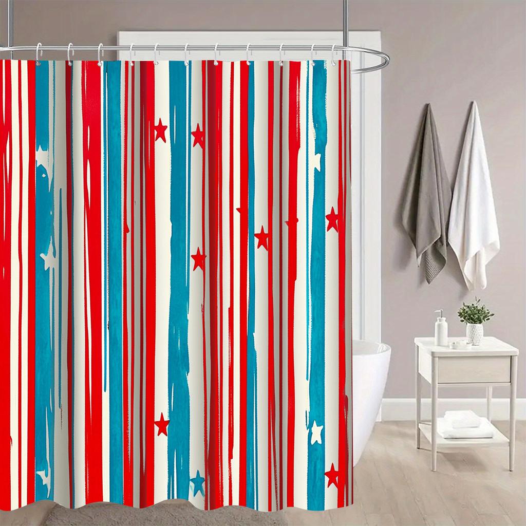 Watercolor Stripe & Star Shower Curtain 1Pc With 12 Hooks For Bathroom Home Decor Polyester 2D Flat Print 70.8X70.8 Inch
