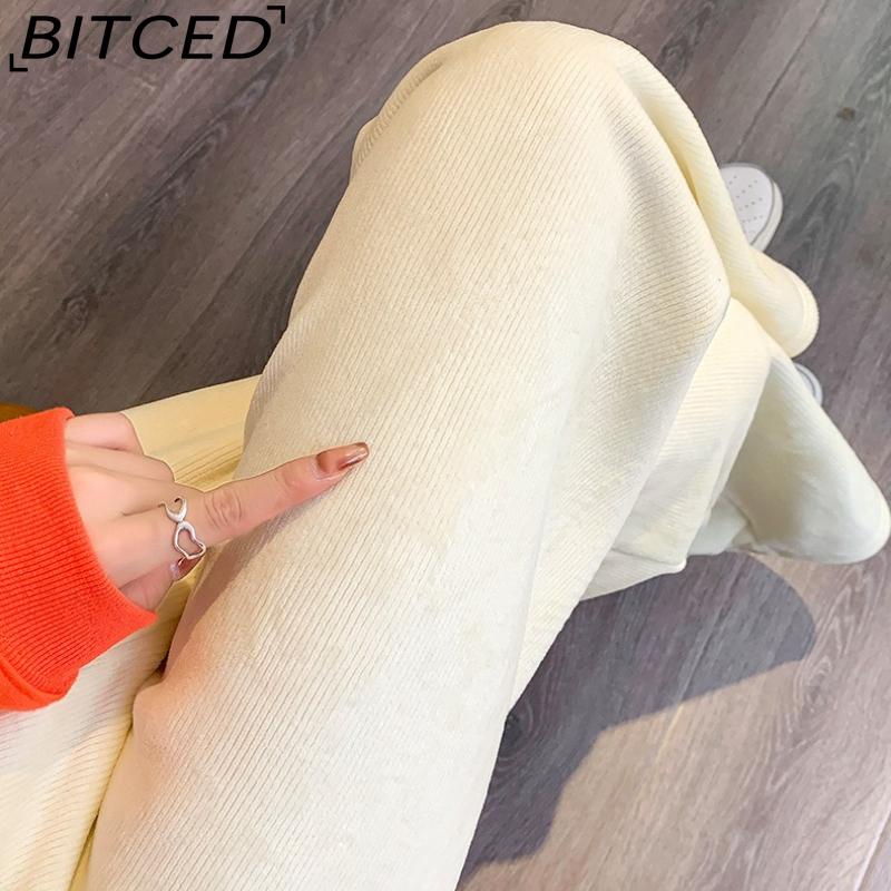 BITCED Women's Cream Beige Chenille Wide-Leg Trousers Women's Autumn/Winter Fleece-Lined Corduroy Trousers Straight-Leg Casual Trousers