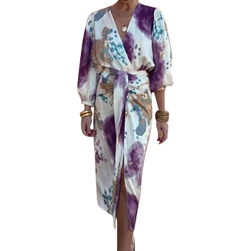 Women Abstract Print Wrap Midi Dress V Neck 3/4 Lantern Sleeve Tie Waist Boho Vacation Elegant Dress