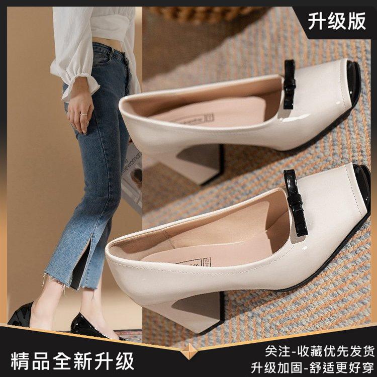 Celebrity small fragrant style burgundy small bow square head Mary Jane single shoes banquet sweet splicing thick heel wedding shoes women