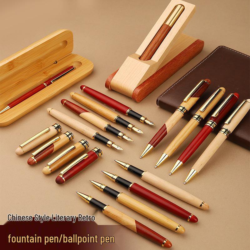 Wooden Metal Ballpoint & Bamboo Fountain Pen - Retro Colorblock, High-End Refill, Ideal for Business or Student Gifts