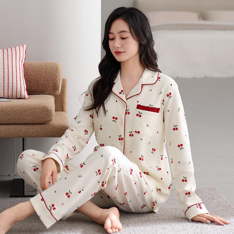 Women's pure cotton spring and autumn pajamas long sleeves can be worn outside autumn women's high-end cardigan loungewear cotton suit
