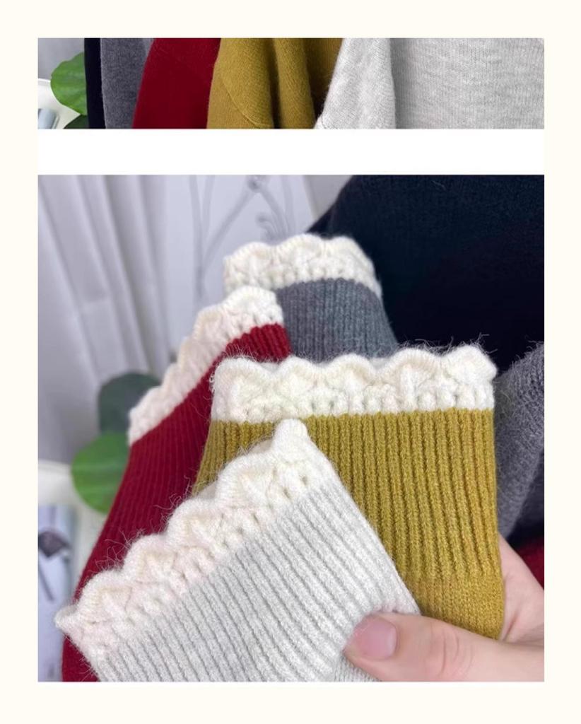 Damski sweter z koronkowym kołnierzykiem i kolorowym blokiem kolorów, odmładzający – jesień i zima, gruby, luźny krój, kolekcja 2025