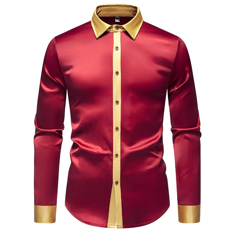 Cozy Up Spring Men's Satin Luxury Color Blocked Shirts Fashion Smooth Tuxedo Long Sleeve Shirt Wedding Party Prom Casual Shirt Business