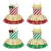 Girls Adjustable Straps Cami Dress Stripes Print Sequins Bowknot Mesh Tutu Dress Dance Jumpsuit Costume