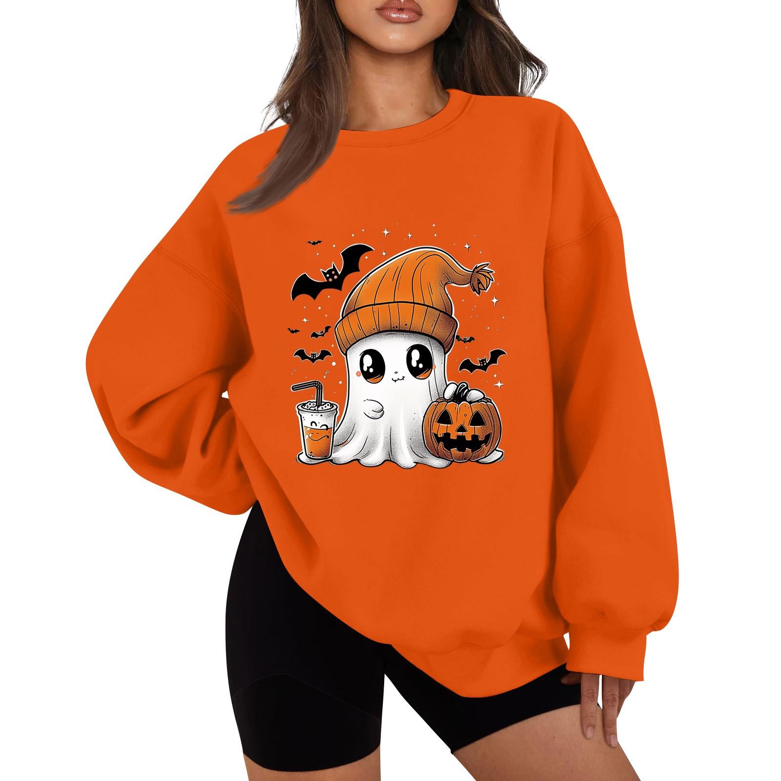 

Женская повседневная мода Хэллоуин принт длинный рукав круглый вырез толстовки пуловер топ S оранжевый