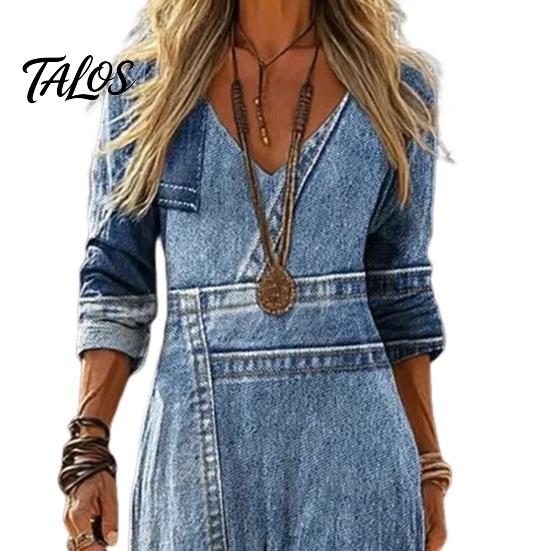 Casual Dress for Women Denim Print Maxi Women, Long Sleeve V Versatile Women's Neck Dress, Summer Loose A-line Flowy Vacation