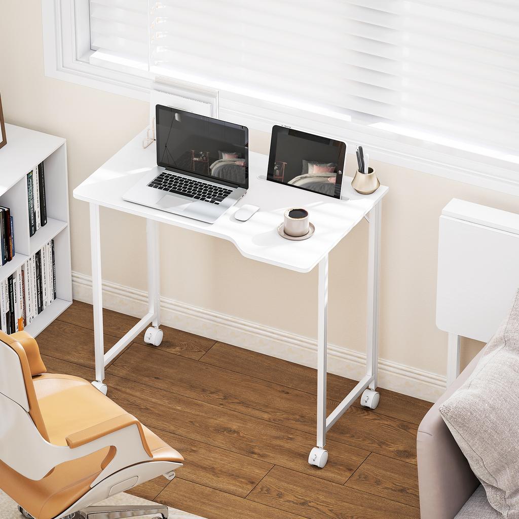 Folding Computer Desk on Wheels, 80 x 52 cm, Device Slot, White