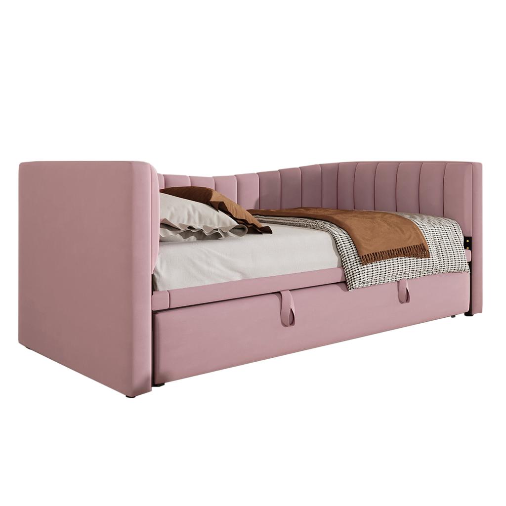 Daybed, 90 X 200 Cm (180 X 200 Cm) Upholstered Bed with Trundle Bed, Sofa Bed, Single Bed, Double Bed (Without Mattress), Velvet, Pink