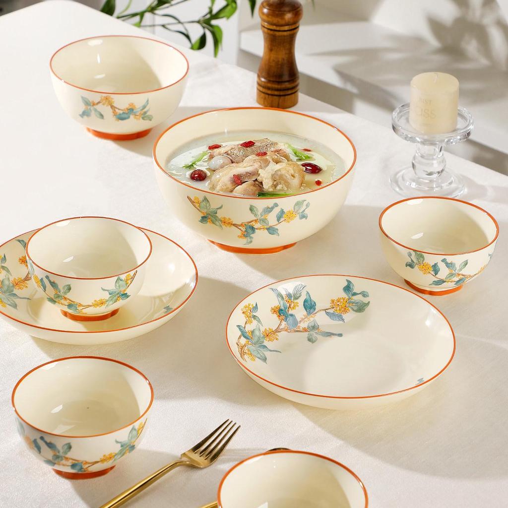 Golden Autumn Osmanthus Ceramic Dinner Plate - Chinese Style Deep Soup and Round Dish 2025 Collection