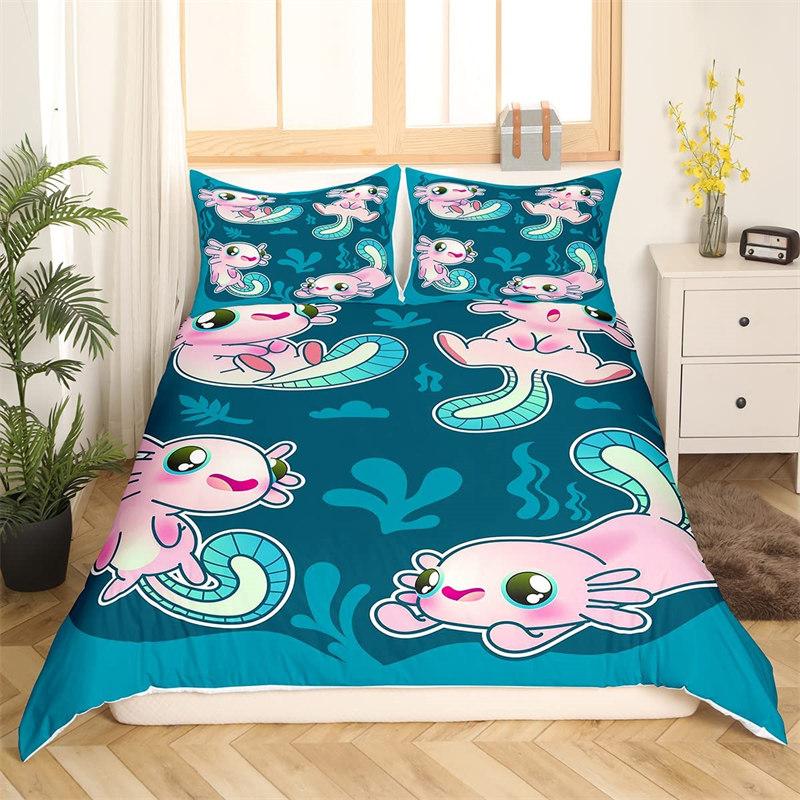 Kawaii Axolotl Bedding Set Queen For Girls Boys Teens Cute Cartoon Reptiles Animal Duvet Cover Galaxy Starry Sky Comforter Cover