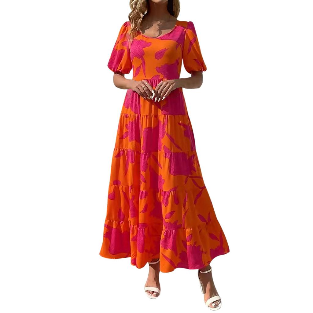 Casual Women's Summer Dresses Puff Sleeve Floral Maxi Dress Gathered Open Back Flowing Layered Beach Maxi Dress