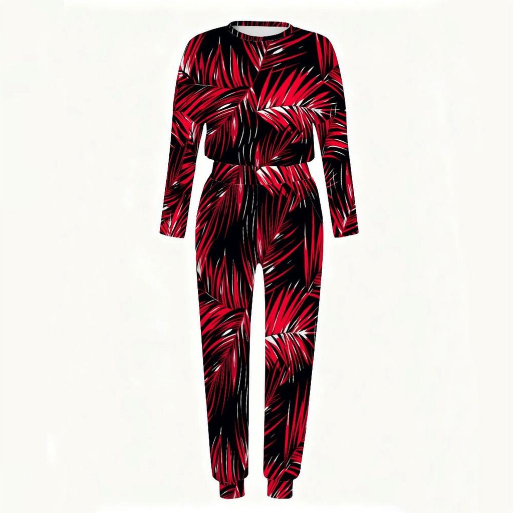 Ladies Long Sleeve Round Neck Blouse And Straight Leg Long Pants Two Piece Soft Daily Wear Set