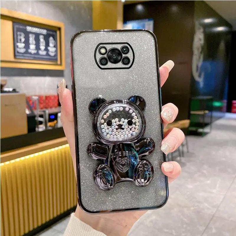 PocoX6 Pro Cute Bear Holder Bracket Glitter Plating Case On for Xiaomi Mi Poco X6 X3 X5 M6 M5 M5S M4 M3 F5 F3 F4 Pro Stand Cover