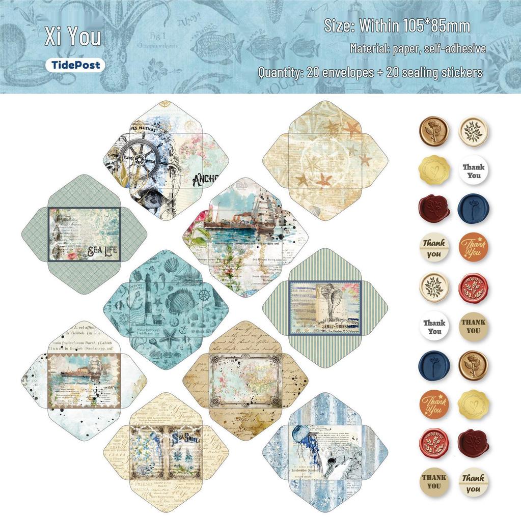 RetroStory Mini Mail Series: 20 Sheets of Creative Decorative Stickers and Collage Envelopes
