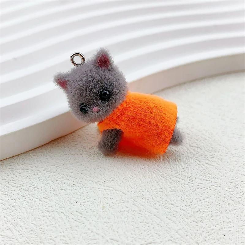 Dress Cat Pendant Cute 3D Hairy Flocking Animal Cat Charms Miniature Dolls Keychain Necklace Pendant DIY Crafts Jewelry Make