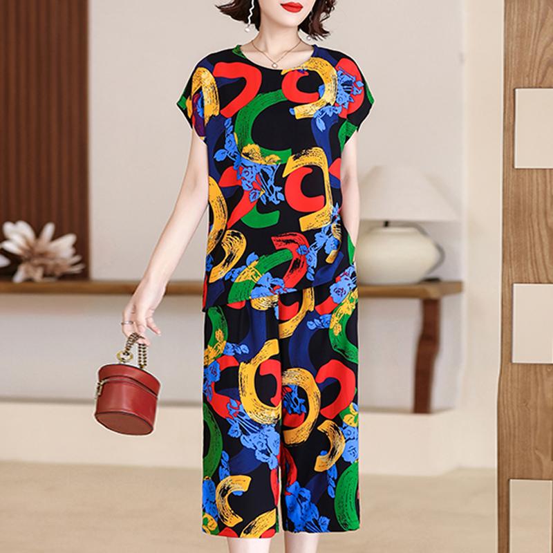 Plus Size Women Two Peice Sets Summer Loose Elegant High Waist Pant Sets Female Casual Vintage Print Oversize Suit