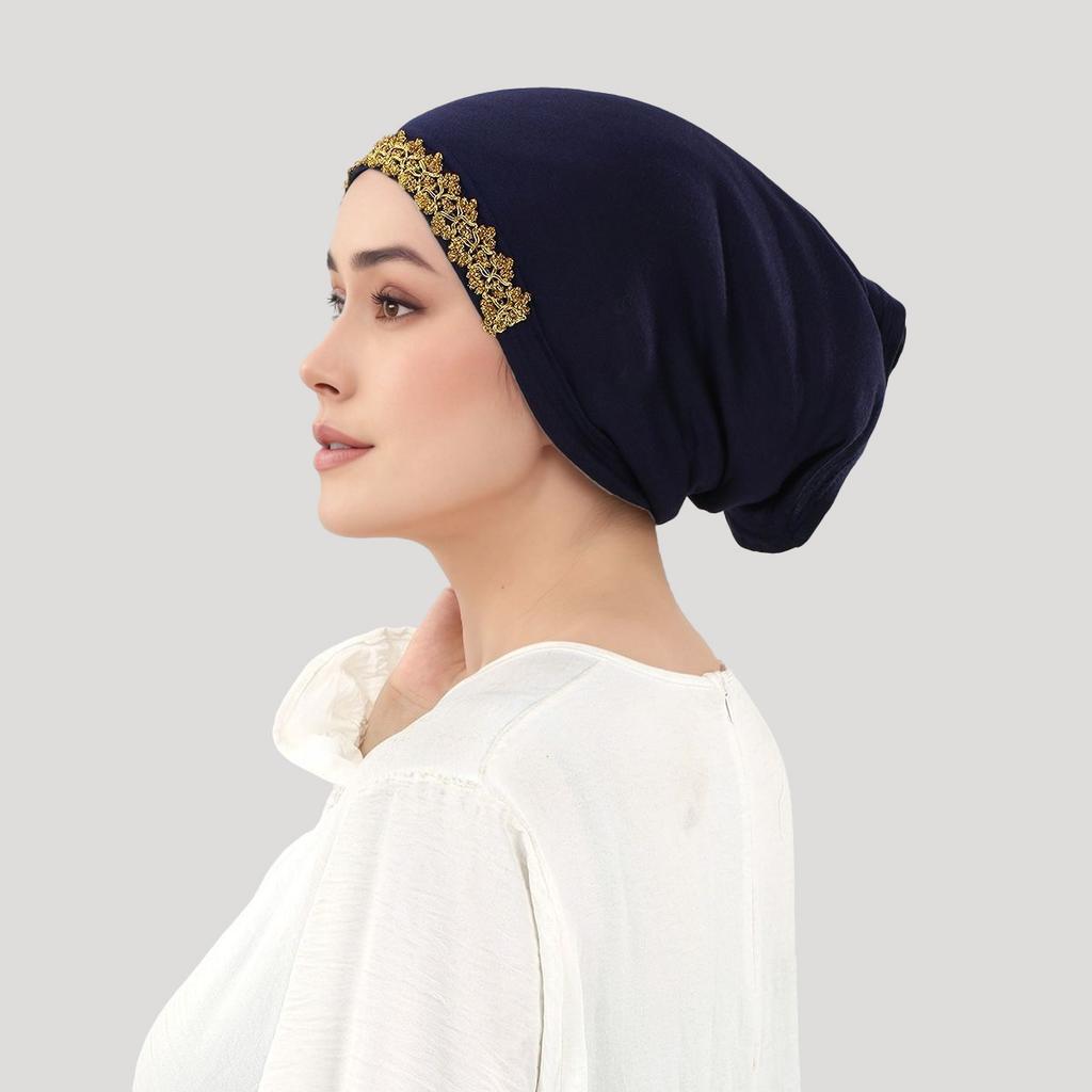Golden Floral Embroidery Jersey Hijabs For Muslim Women Modal Inner Cap Undercap Turban Tube Soft Stretch Bonnet Mujer Hat