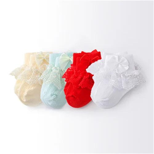 4 Paare/Los Frühling Herbst Neugeborene Babysocken für Mädchen Baumwolle Spitze Säuglingsmädchen Socke Prinzessin Schleife Kleinkind Baby Mädchen Socken 0-24M