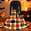 Women Crew Neck Long Sleeve Casual Fit and Flare Halloween Print Dress with Belt for Autumn Holiday Party Outfits