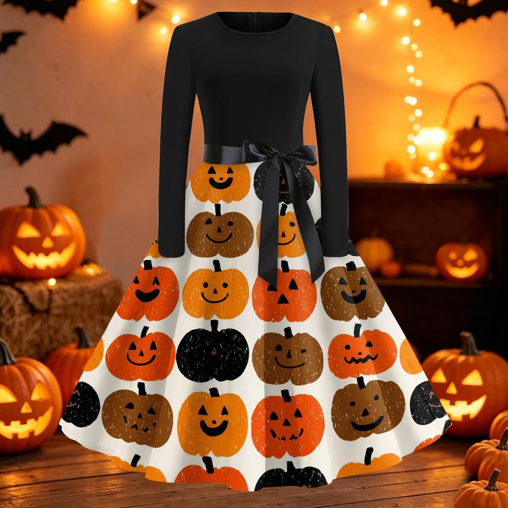 Women Crew Neck Long Sleeve Casual Fit and Flare Halloween Print Dress with Belt for Autumn Holiday Party Outfits