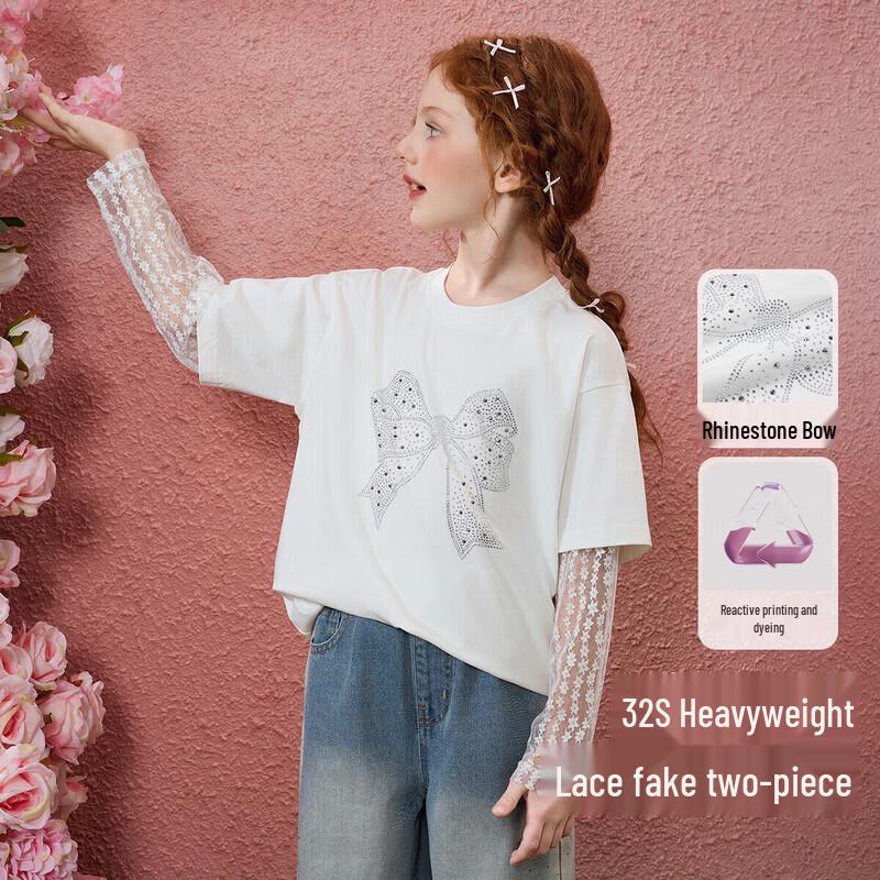 ASK JUNIOR Girls' Faux Layered Lace Bow Long Sleeve T-Shirt