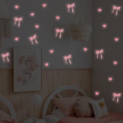 Pink Luminous Bow-shaped Heart Wall Sticker for Girls' Bedroom Bedside Decoration
