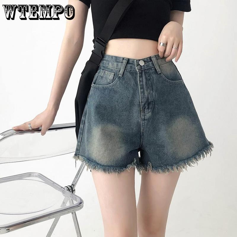 Women's Denim Shorts with Retro Tassel Design High Waist Straight Leg Wide Leg A-line Shorts