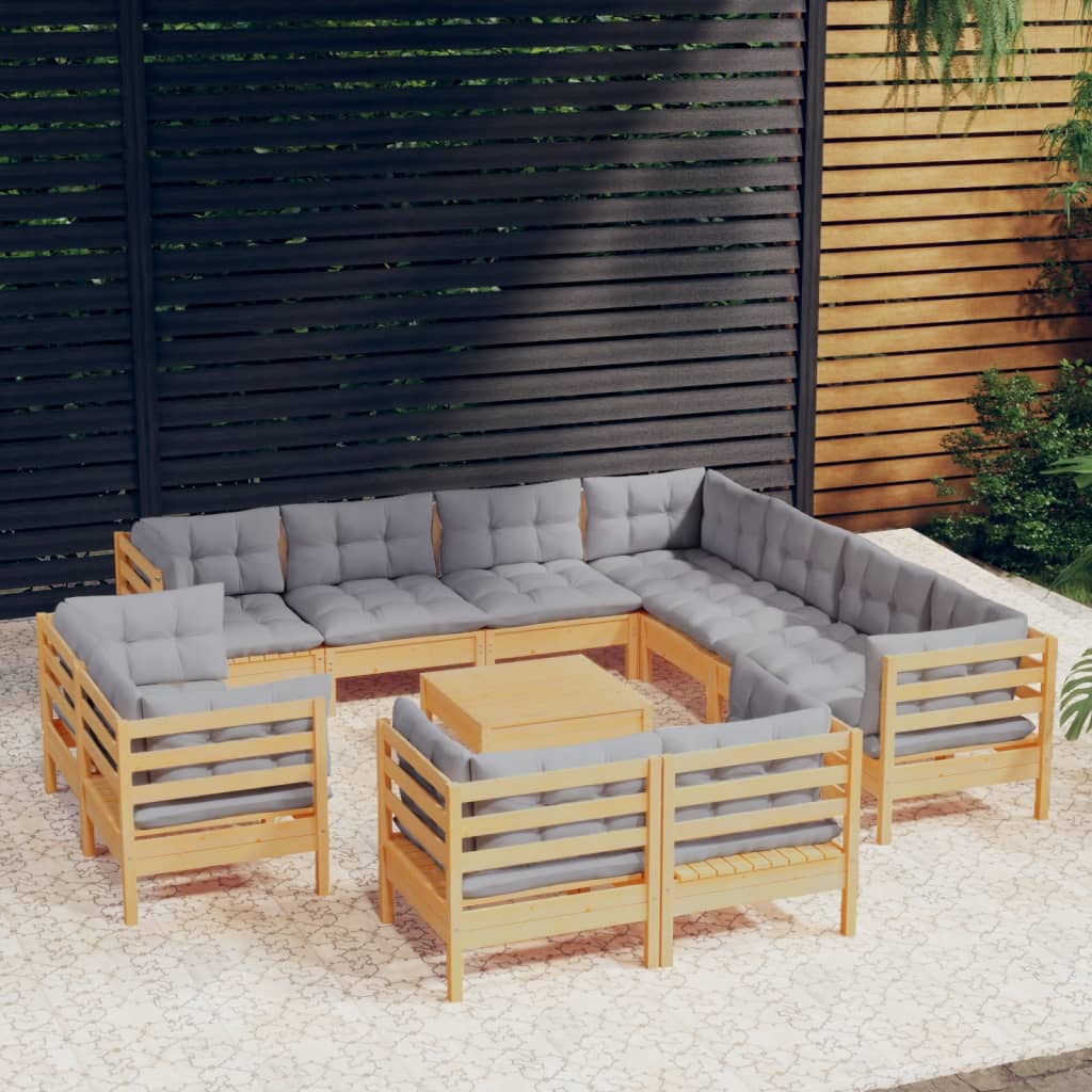 12 Piece Garden Lounge Set with Grey Cushions Solid Pine Wood