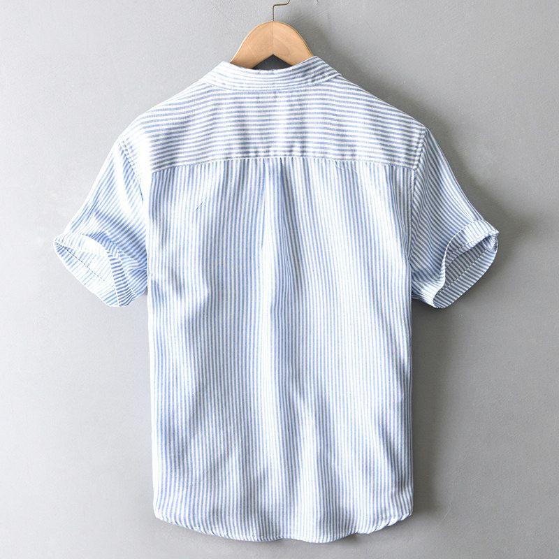Summer Japan fashion Retro Vertical Stripes Short sleeve Shirts Men's Casual Thin Half Sleeve Shirt New Washed Bunchy Yarn