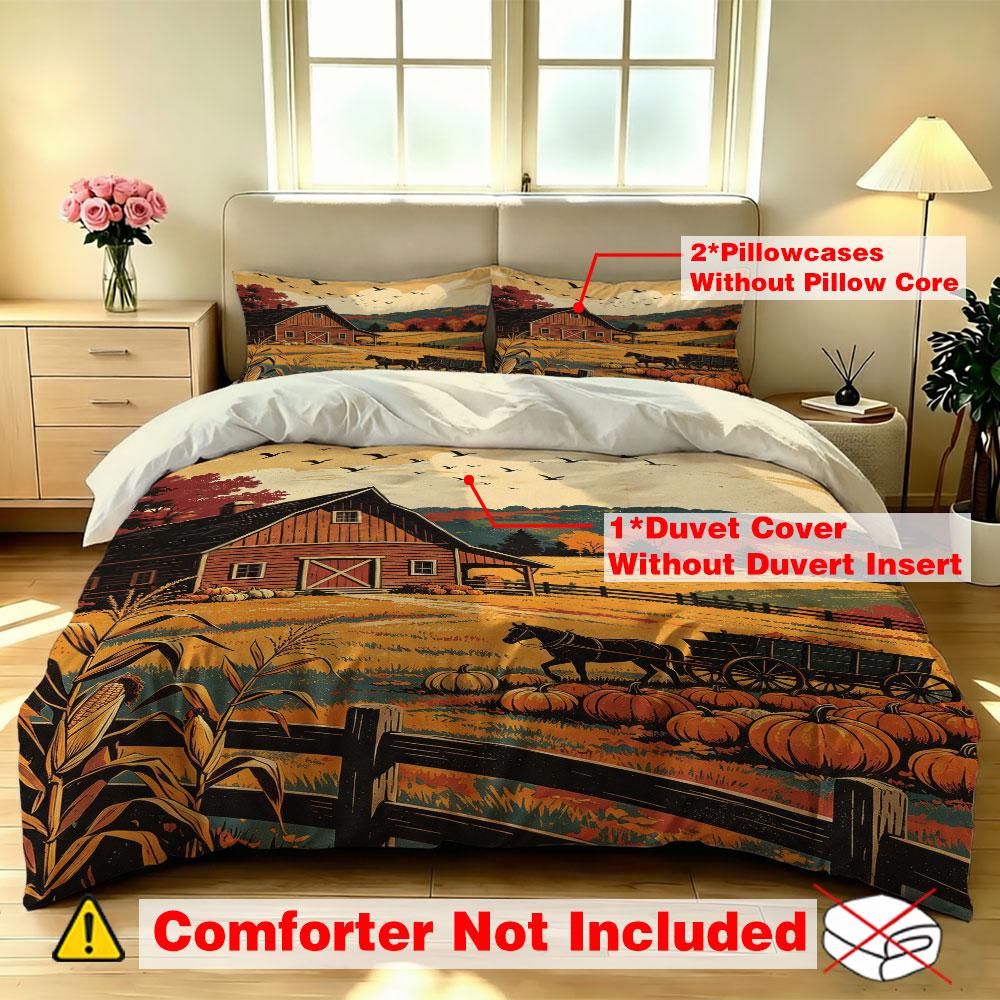 Fall Duvet Cover Set 3Pcs Autumn Farm Pumpkin Barn Horse Sunset Print Soft Microfiber Bedding with Pillowcases