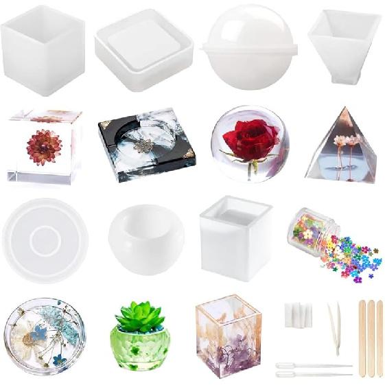Resin Molds Silicone Kit 20Pcs,Epoxy Resin Molds Including Sphere,Cube,Pyramid,Square,Round, Used for Create Art,DIY,Coasters,Candles.Bonus