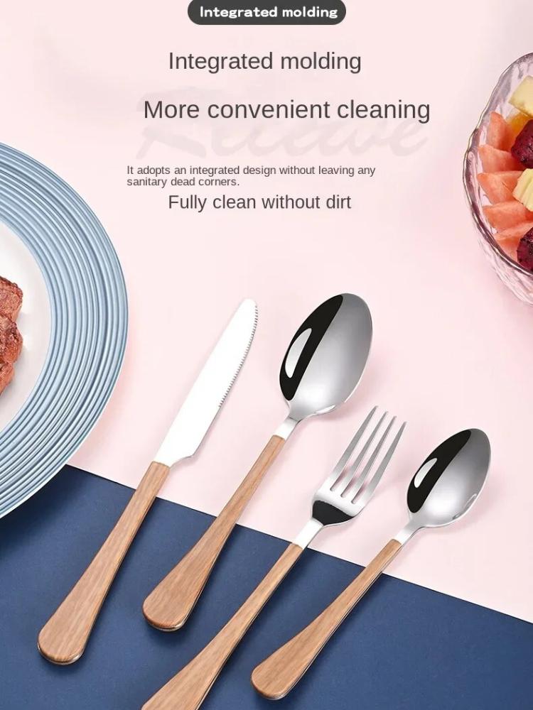 4-teiliges Geschirrset mit Messer und Gabel, Teelöffel, Edelstahl, Holzimitatgriff, westliches Geschirr, einfach und fortschrittlich