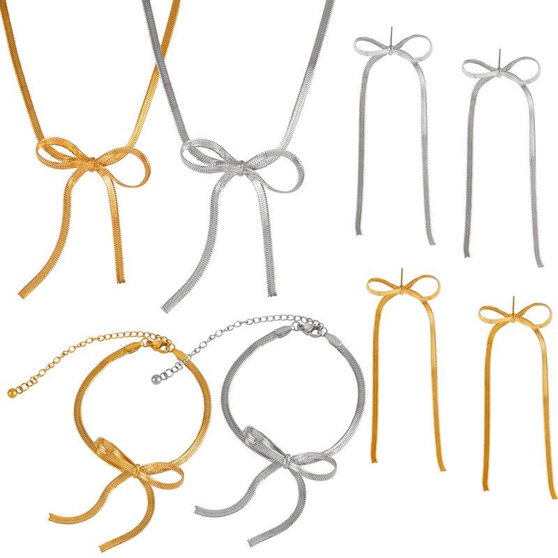 Trendy Bow Earrings & Jewelry Set: Niche Metal Design