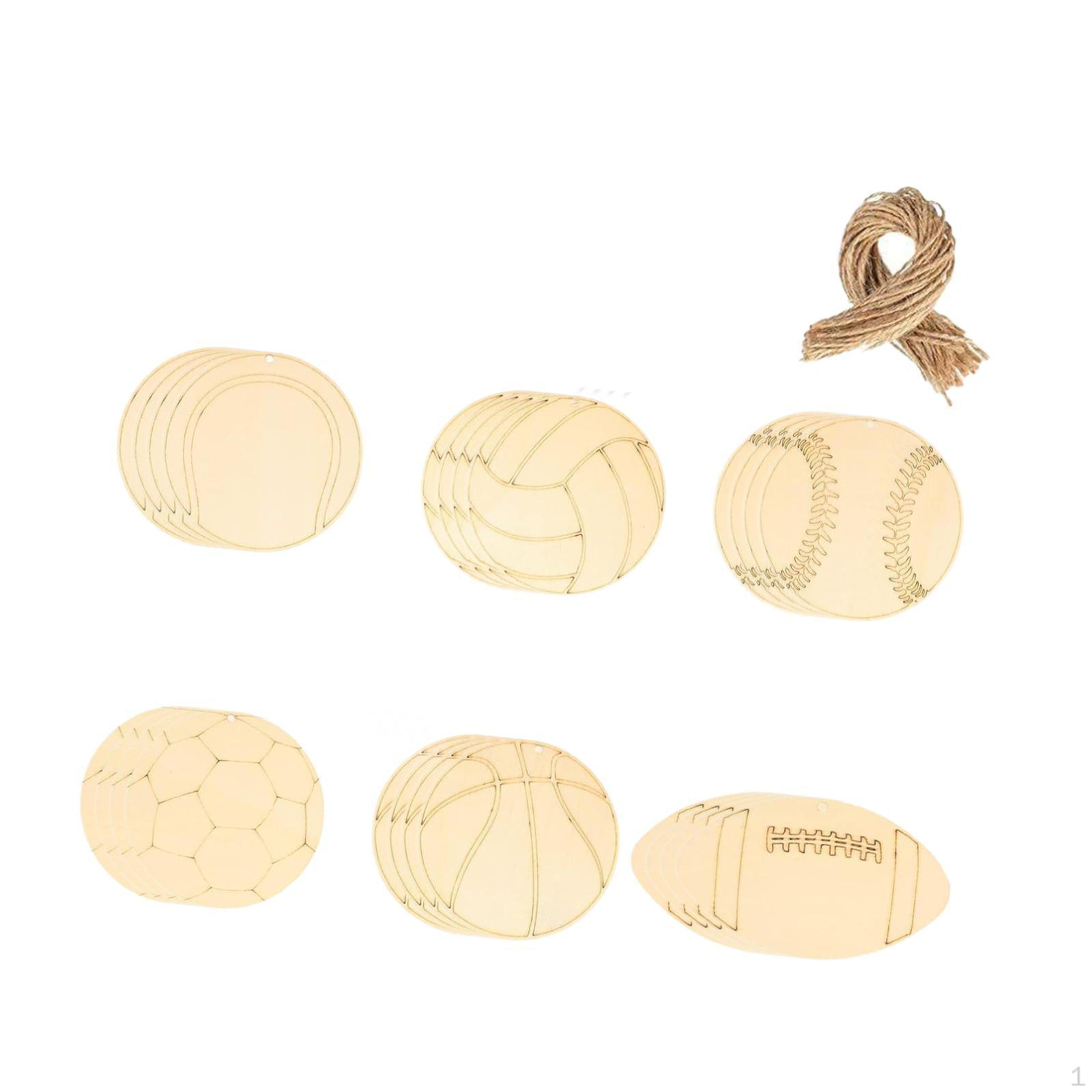

24x Unfinished Wooden Cutouts Wood Slices Embellishments Sports Theme with Ropes