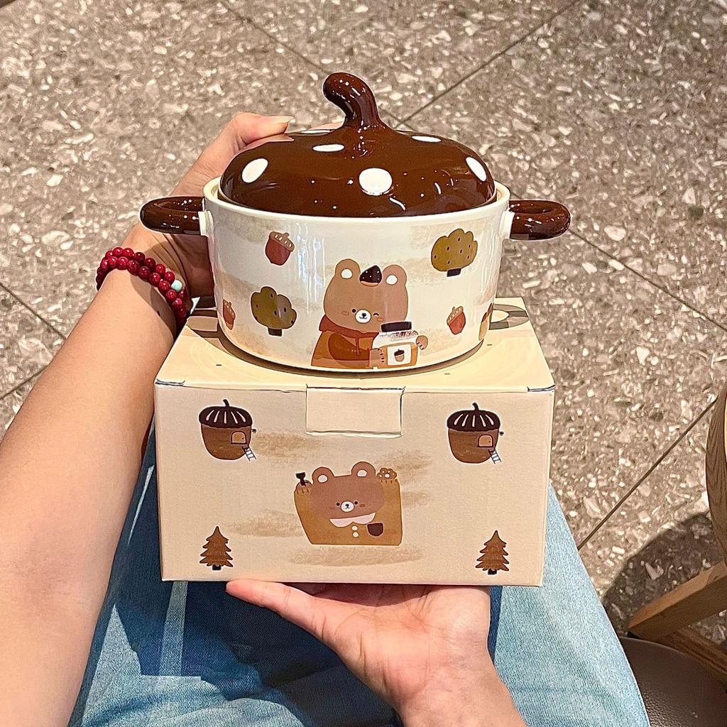 Hochwertige Instant-Nudelschüssel mit Deckel, Bären-Keramik-Instant-Nudelschüssel, Studentenwohnheim Reisschüssel, Schneckenpulver-Schüssel mit großem Fassungsvermögen