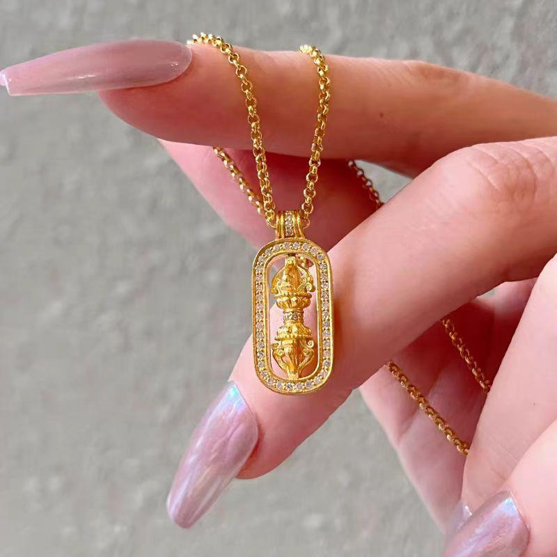 Copper Gold Plated Pendant Necklace With Pixiu Vajra Charm Rhinestone Accented Layered Choker Women